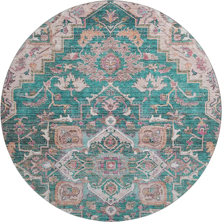 8' Emerald Beige And Teal Floral Medallion Washable Round Rug With UV Protection Photo 1