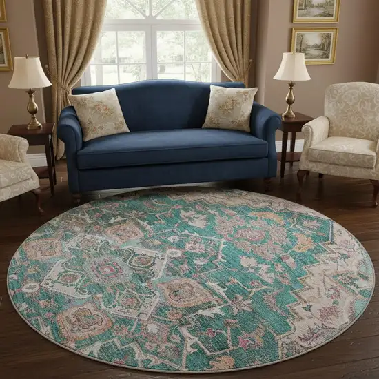 8' Emerald Beige And Teal Floral Medallion Washable Round Rug With UV Protection Photo 2