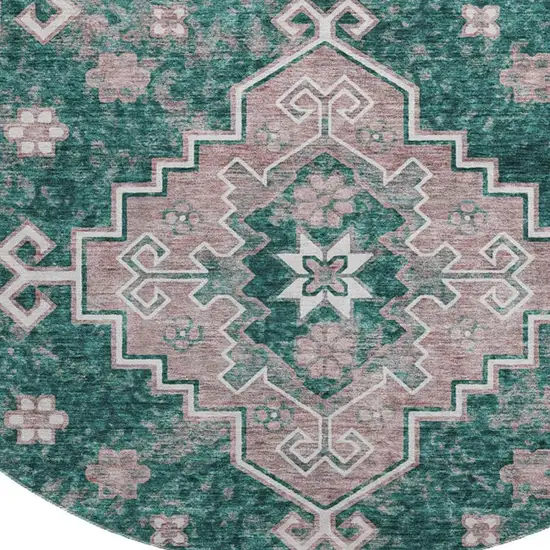 8' Emerald Brown And Ivory Medallion Washable Round Rug With UV Protection Photo 4