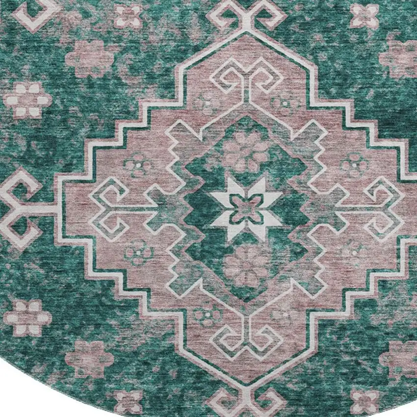 8' Emerald Brown And Ivory Medallion Washable Round Rug With UV Protection Photo 4
