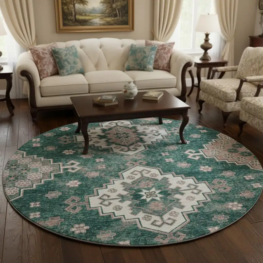 8' Emerald Brown And Ivory Medallion Washable Round Rug With UV Protection Photo 2