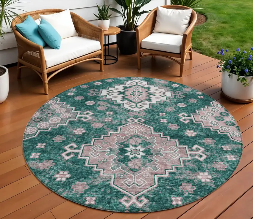 8' Emerald Brown And Ivory Round Medallion Washable Indoor Outdoor Area Rug Photo 1