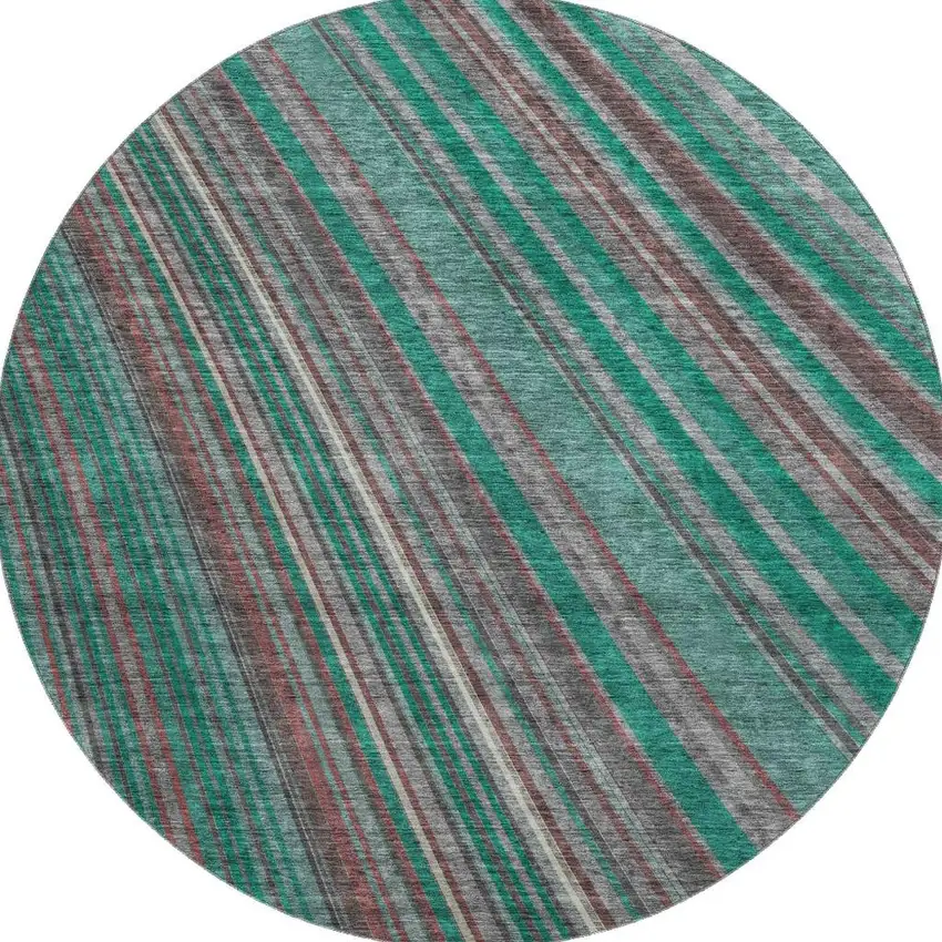 8' Emerald Brown And Merlot Striped Washable Round Rug With UV Protection Photo 2