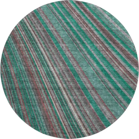 8' Emerald Brown And Merlot Striped Washable Round Rug With UV Protection Photo 1