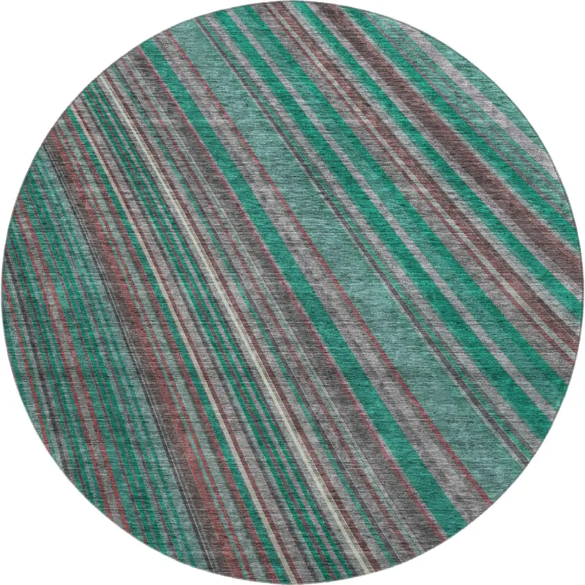 8' Emerald Brown And Merlot Striped Washable Round Rug With UV Protection Photo 1