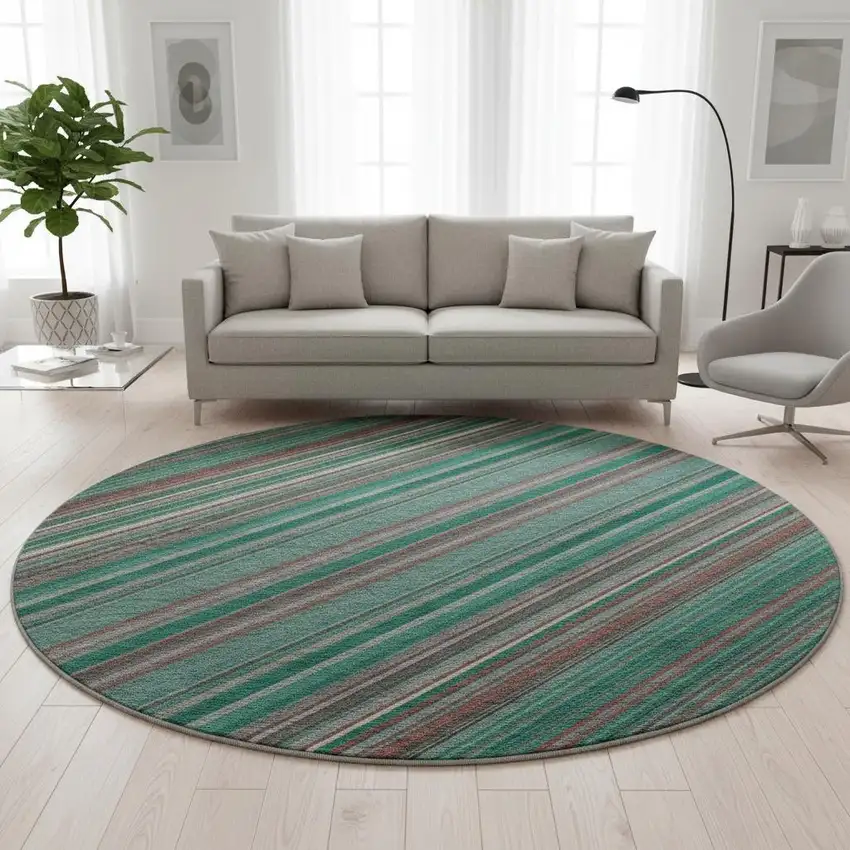8' Emerald Brown And Merlot Striped Washable Round Rug With UV Protection Photo 2