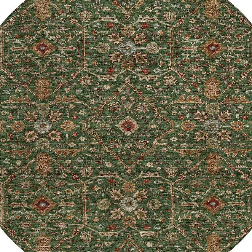 8' Emerald Brown And Red Round Floral Washable Indoor Outdoor Area Rug Photo 6