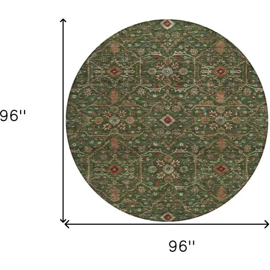 8' Emerald Brown And Red Round Floral Washable Indoor Outdoor Area Rug Photo 8