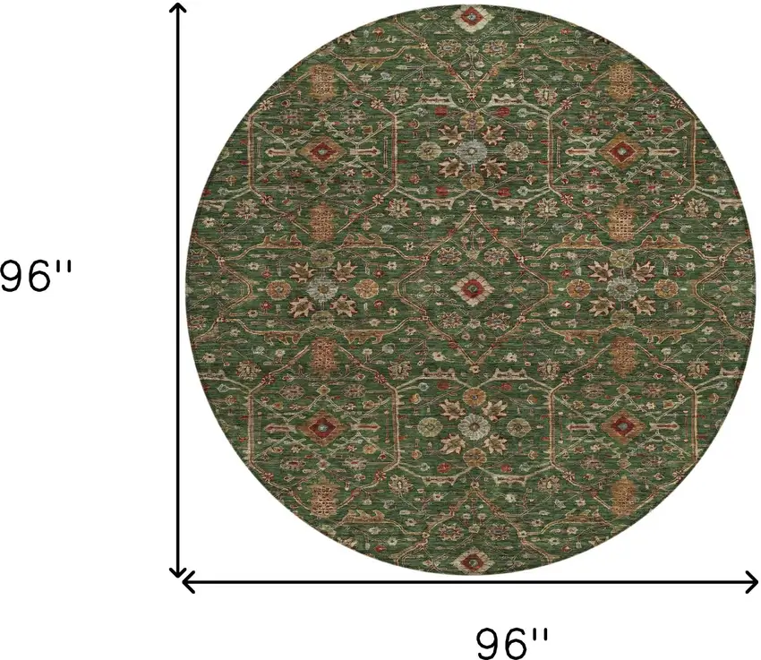 8' Emerald Brown And Red Round Floral Washable Indoor Outdoor Area Rug Photo 8