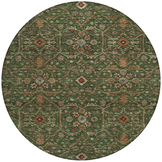 8' Emerald Brown And Red Round Floral Washable Indoor Outdoor Area Rug Photo 7