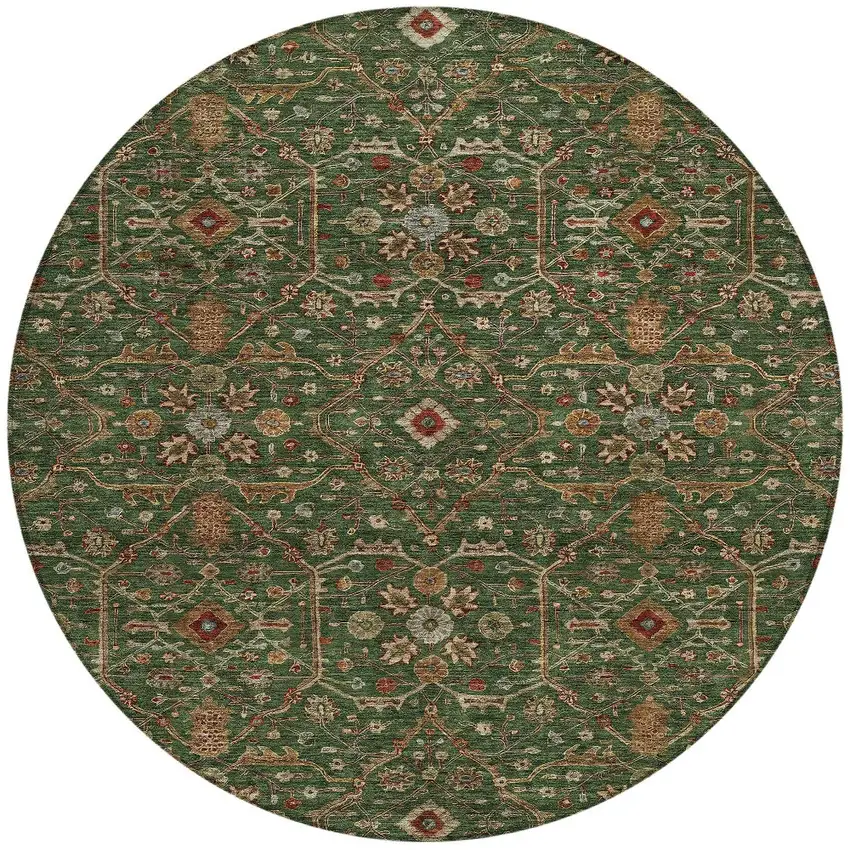 8' Emerald Brown And Red Round Floral Washable Indoor Outdoor Area Rug Photo 7