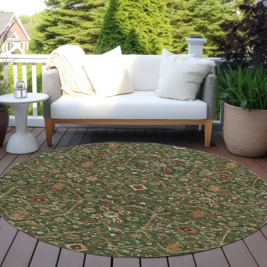 8' Emerald Brown And Red Round Floral Washable Indoor Outdoor Area Rug Photo 8