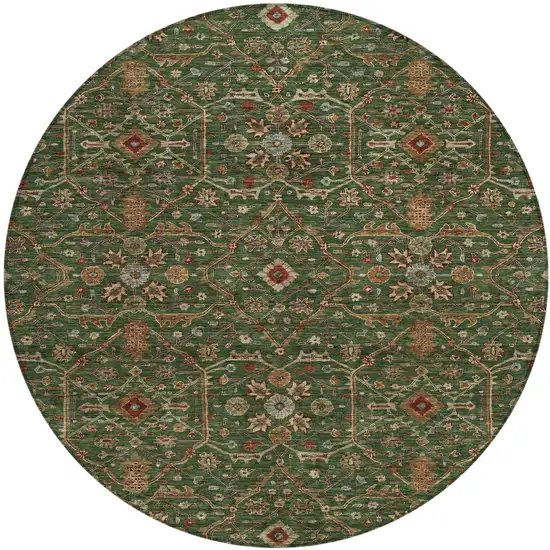 8' Emerald Brown And Red Round Floral Washable Indoor Outdoor Area Rug Photo 2