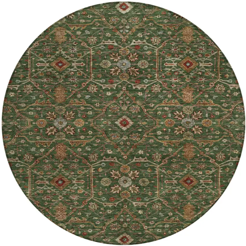 8' Emerald Brown And Red Round Floral Washable Indoor Outdoor Area Rug Photo 2