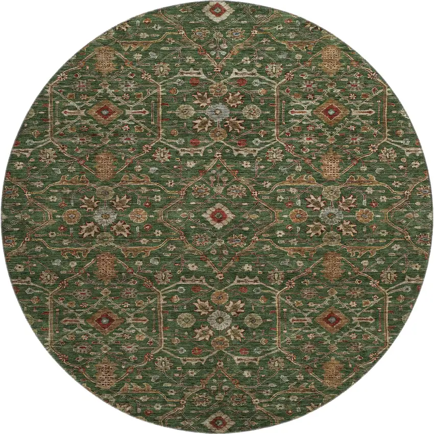 8' Emerald Copper And Beige Oriental Washable Round Rug With UV Protection Photo 1