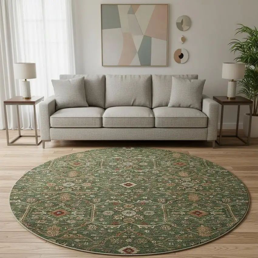 8' Emerald Copper And Beige Oriental Washable Round Rug With UV Protection Photo 2