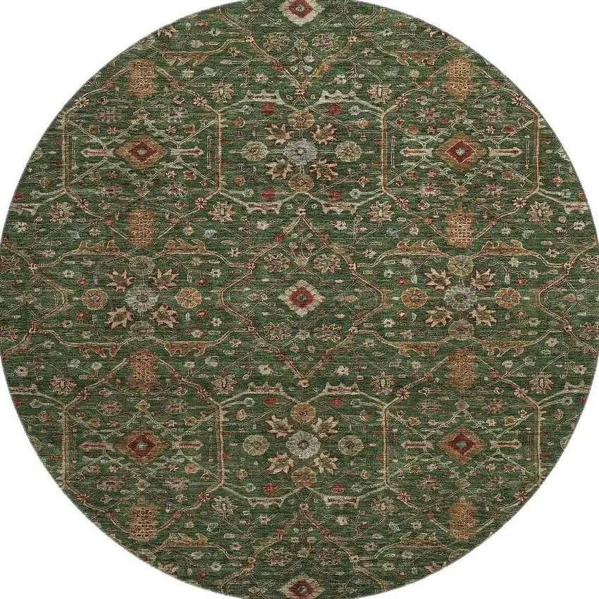 8' Emerald Copper And Beige Oriental Washable Round Rug With UV Protection Photo 3