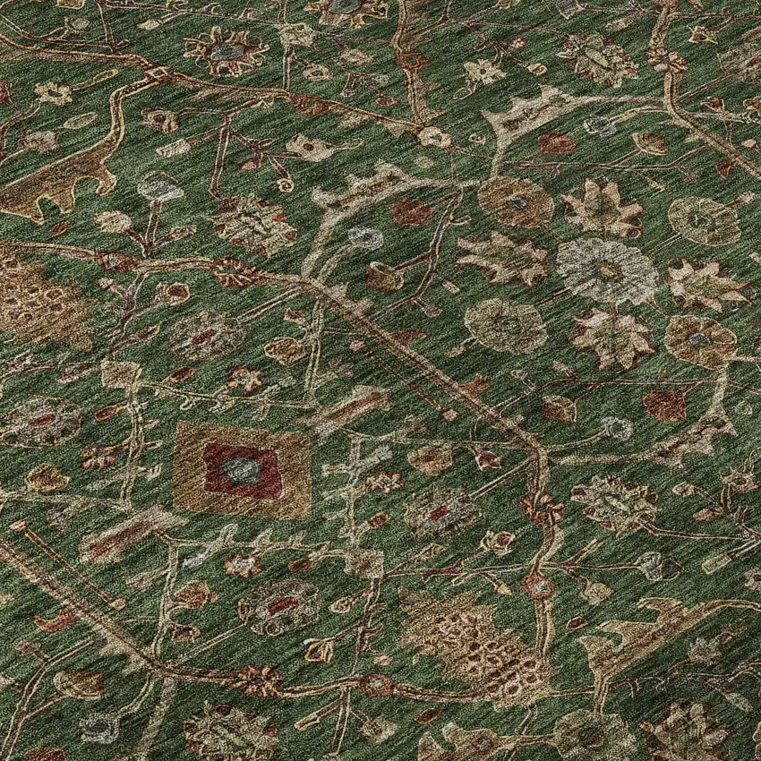 8' Emerald Copper And Beige Oriental Washable Round Rug With UV Protection Photo 8