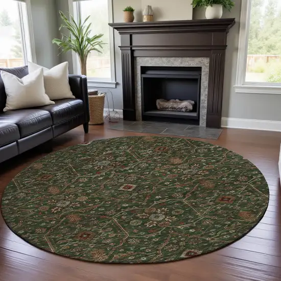 8' Emerald Copper And Beige Oriental Washable Round Rug With UV Protection Photo 4