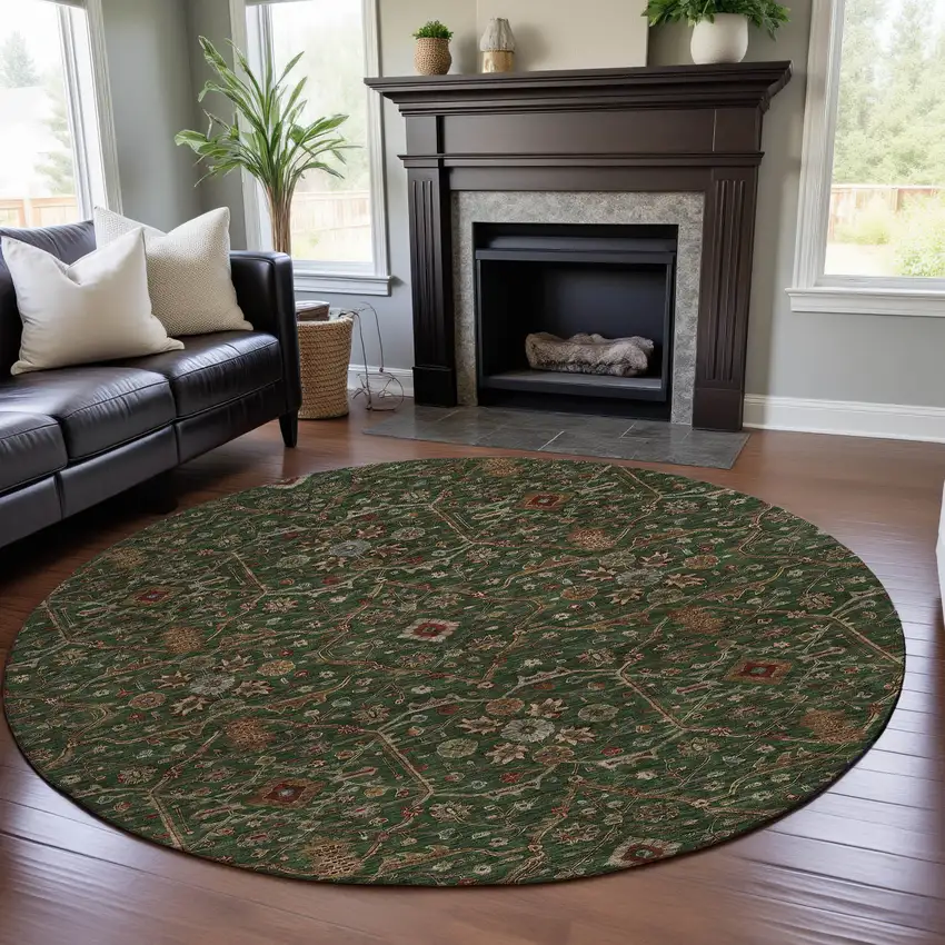 8' Emerald Copper And Beige Oriental Washable Round Rug With UV Protection Photo 4