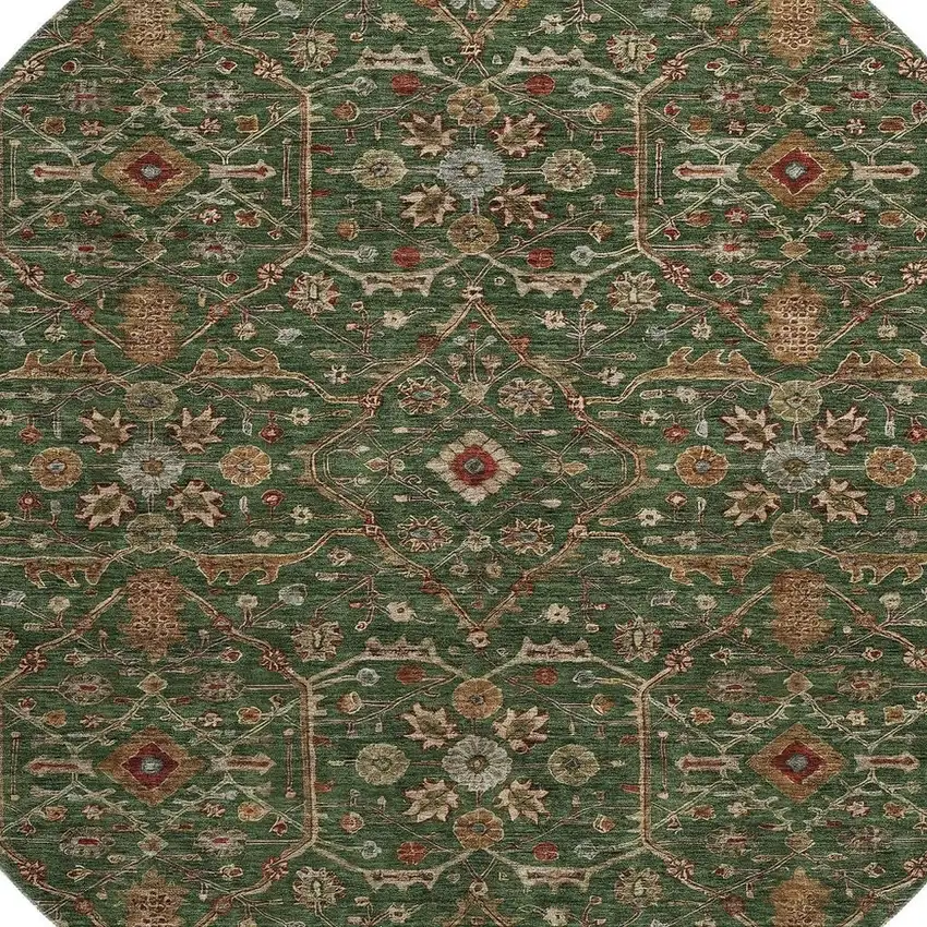 8' Emerald Copper And Beige Oriental Washable Round Rug With UV Protection Photo 2