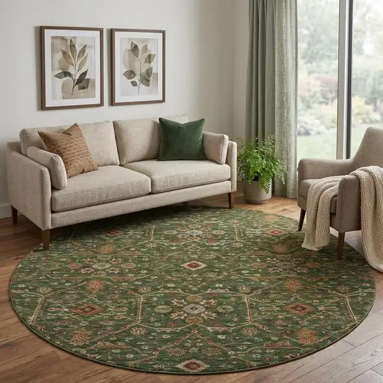 8' Emerald Copper And Beige Oriental Washable Round Rug With UV Protection Photo 1