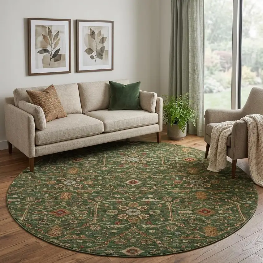 8' Emerald Copper And Beige Oriental Washable Round Rug With UV Protection Photo 1