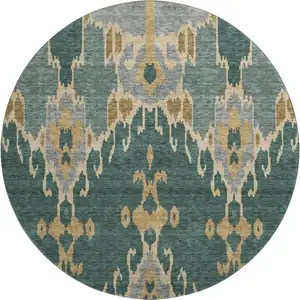 Photo of 8' Emerald Gold And Gray Ikat Washable Round Rug With UV Protection