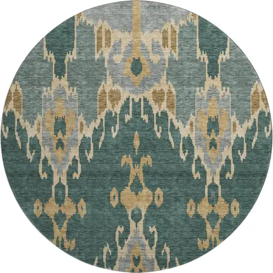 8' Emerald Gold And Gray Ikat Washable Round Rug With UV Protection Photo 1