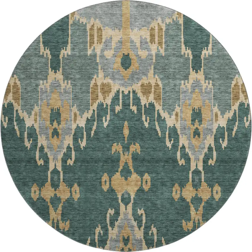 8' Emerald Gold And Gray Ikat Washable Round Rug With UV Protection Photo 1