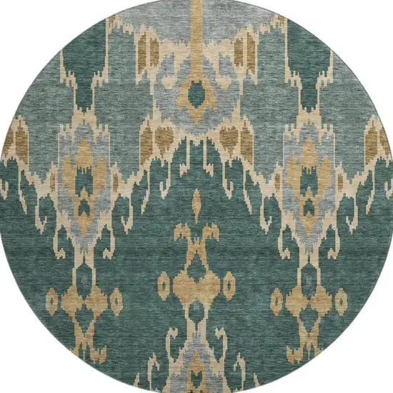 8' Emerald Gold And Gray Ikat Washable Round Rug With UV Protection Photo 4