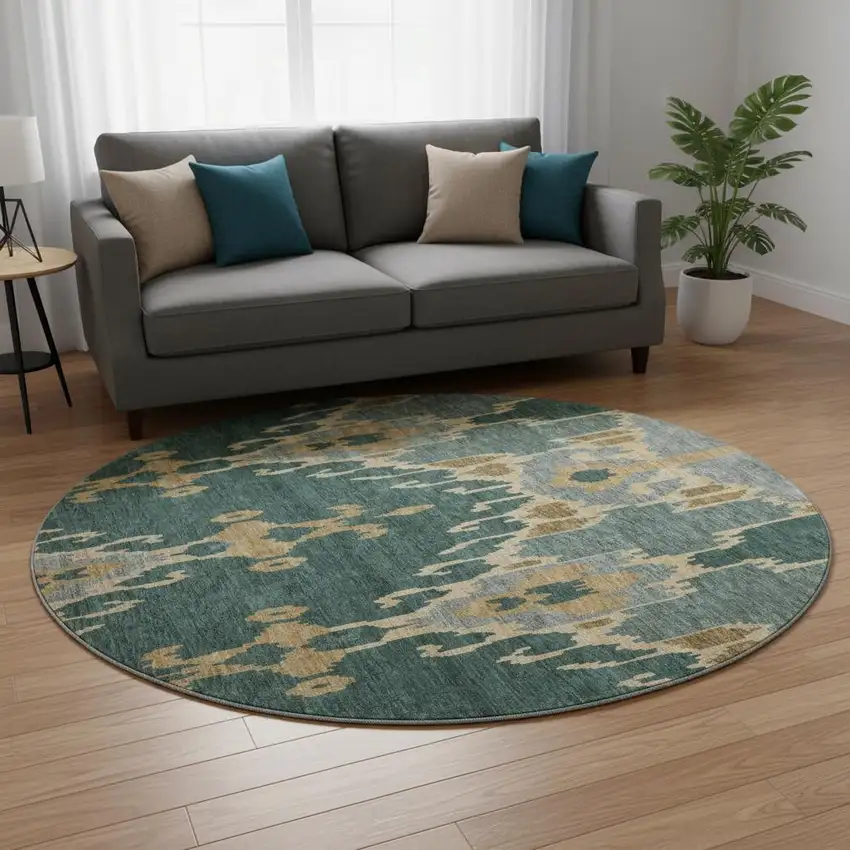8' Emerald Gold And Gray Ikat Washable Round Rug With UV Protection Photo 2