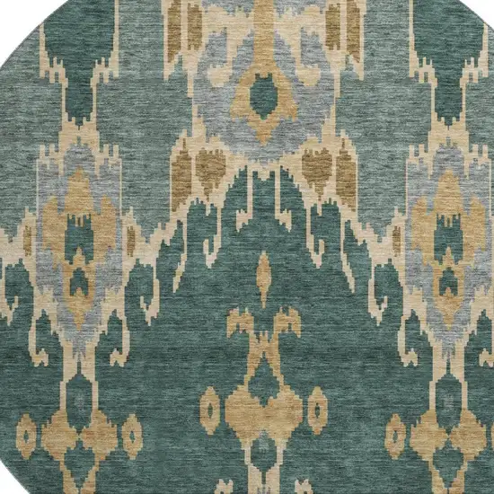 8' Emerald Gold And Gray Ikat Washable Round Rug With UV Protection Photo 3