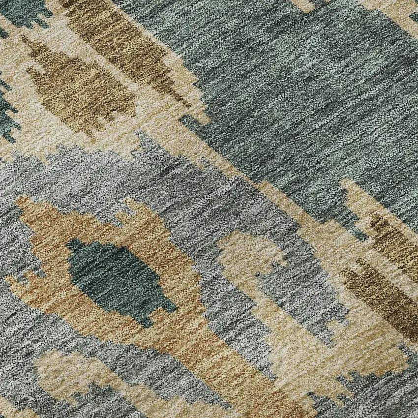 8' Emerald Gold And Gray Ikat Washable Round Rug With UV Protection Photo 9
