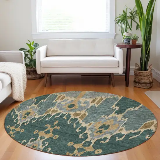 8' Emerald Gold And Gray Ikat Washable Round Rug With UV Protection Photo 5
