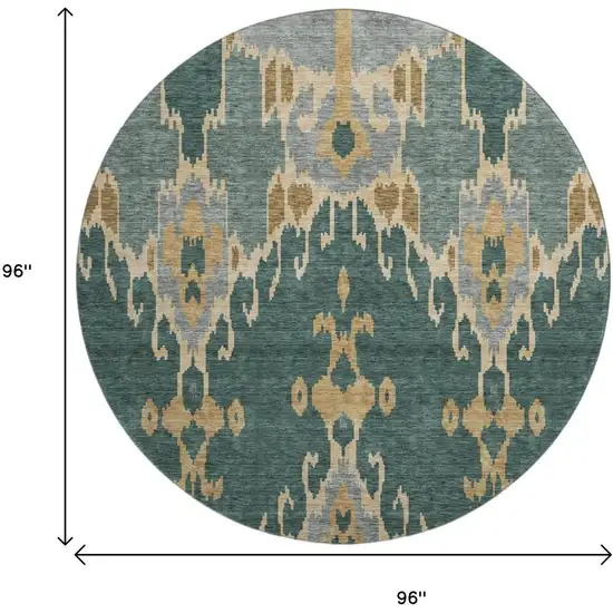 8' Emerald Gold And Gray Ikat Washable Round Rug With UV Protection Photo 3