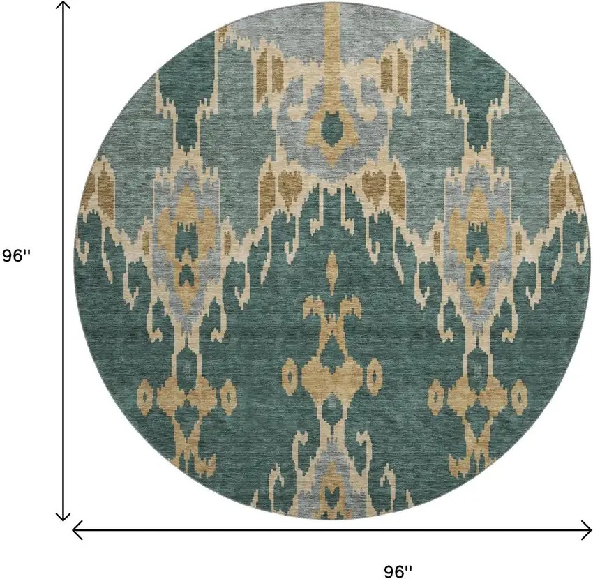 8' Emerald Gold And Gray Ikat Washable Round Rug With UV Protection Photo 3