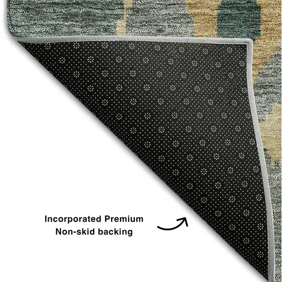 8' Emerald Gold And Gray Ikat Washable Round Rug With UV Protection Photo 6