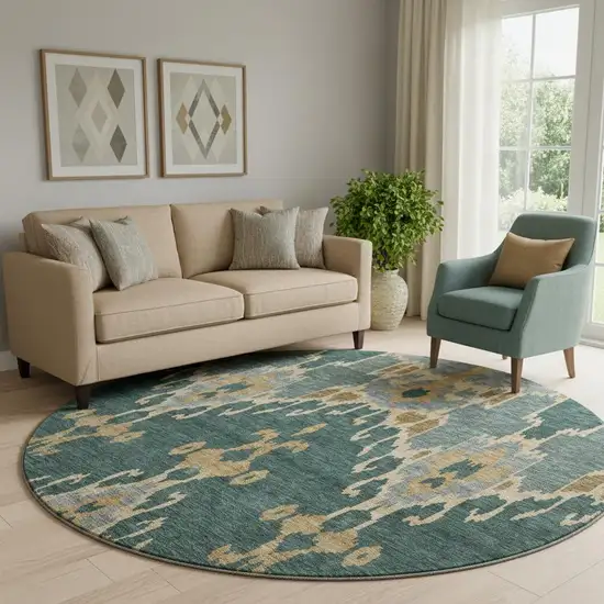 8' Emerald Gold And Gray Ikat Washable Round Rug With UV Protection Photo 1