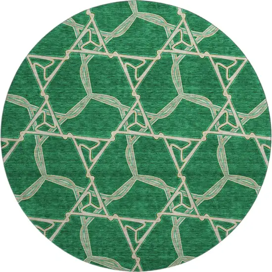 8' Emerald Gray And Beige Geometric Washable Round Rug With UV Protection Photo 1