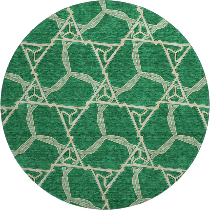 8' Emerald Gray And Beige Geometric Washable Round Rug With UV Protection Photo 1