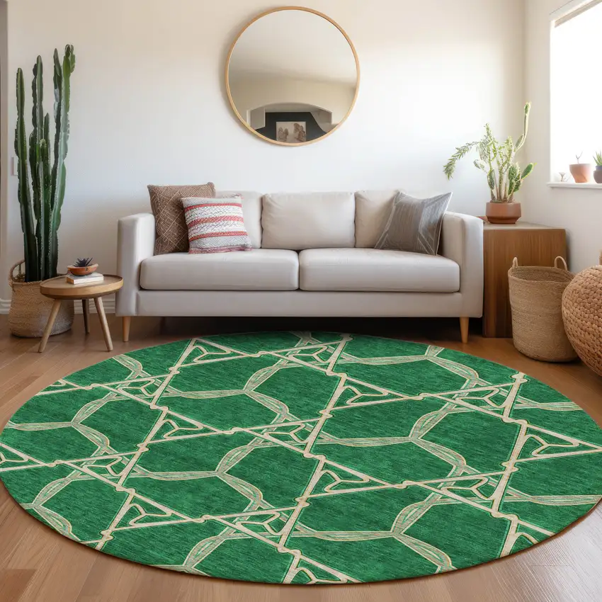 8' Emerald Gray And Beige Geometric Washable Round Rug With UV Protection Photo 4