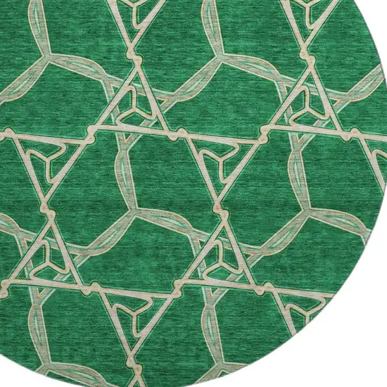 8' Emerald Gray And Beige Geometric Washable Round Rug With UV Protection Photo 2