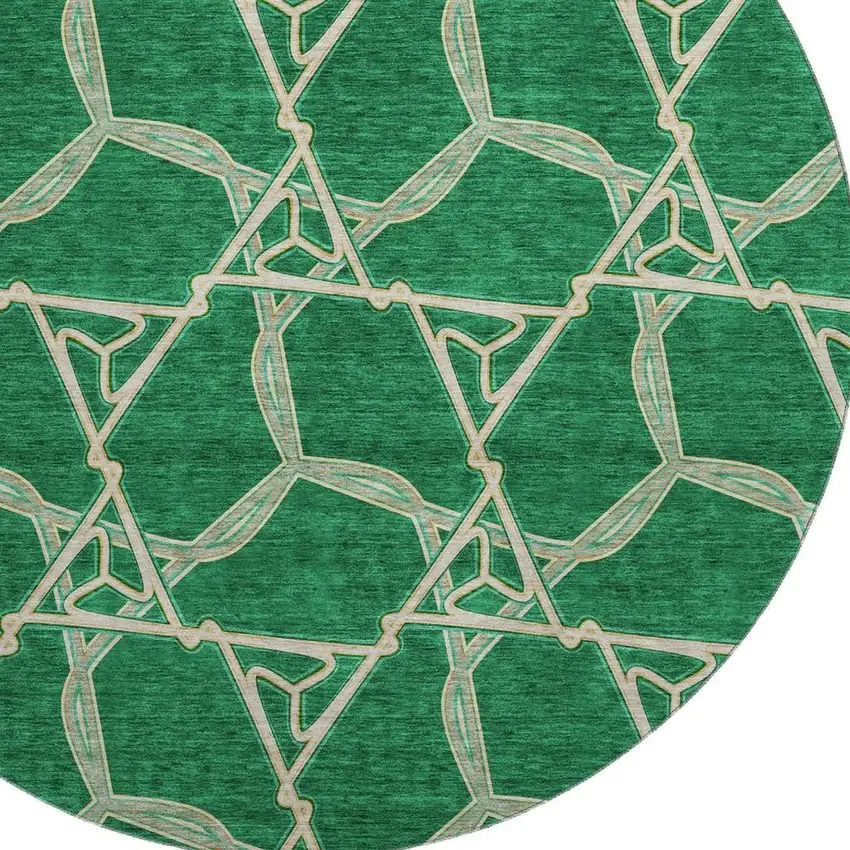 8' Emerald Gray And Beige Geometric Washable Round Rug With UV Protection Photo 2