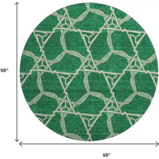 8' Emerald Gray And Beige Geometric Washable Round Rug With UV Protection Photo 9