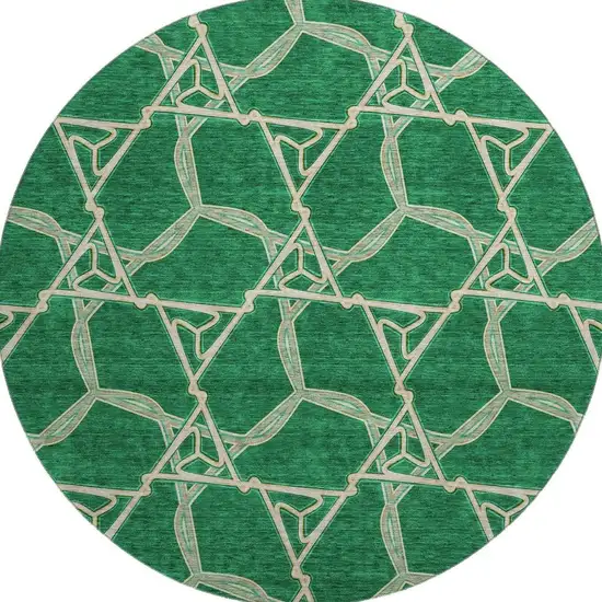 8' Emerald Gray And Beige Geometric Washable Round Rug With UV Protection Photo 3