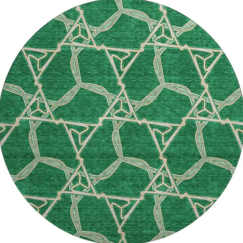 8' Emerald Gray And Beige Geometric Washable Round Rug With UV Protection Photo 3