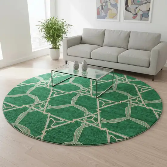 8' Emerald Gray And Beige Geometric Washable Round Rug With UV Protection Photo 2
