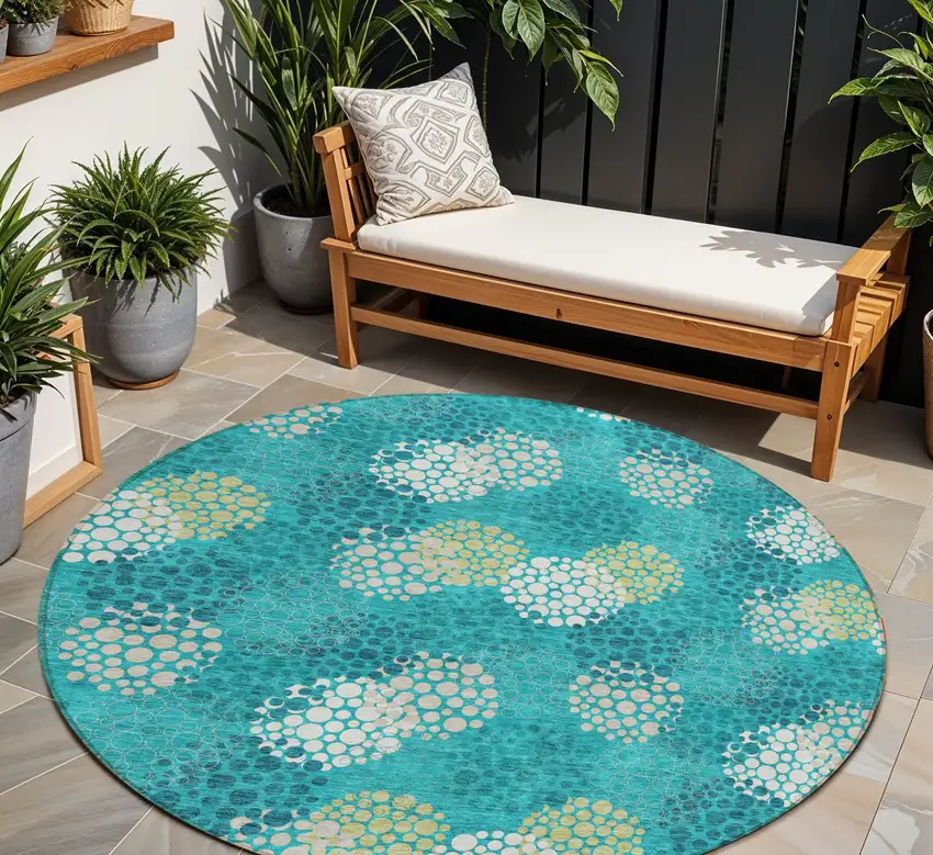 8' Emerald Gray And Ivory Round Polka Dot Washable Indoor Outdoor Area Rug Photo 1