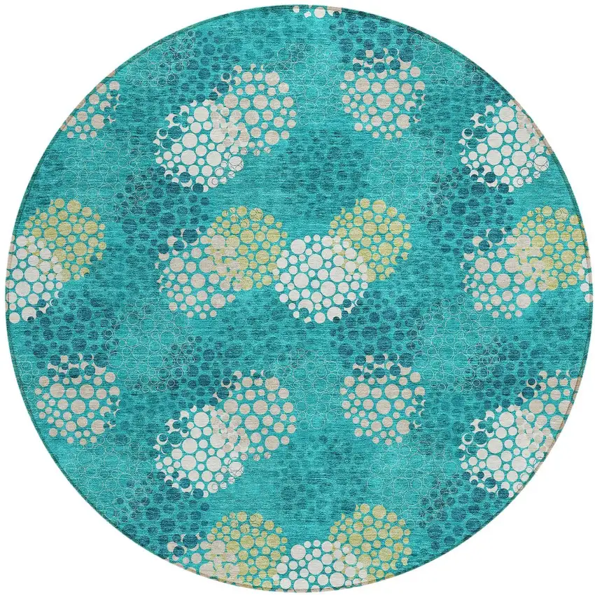 8' Emerald Gray And Ivory Round Polka Dot Washable Indoor Outdoor Area Rug Photo 6